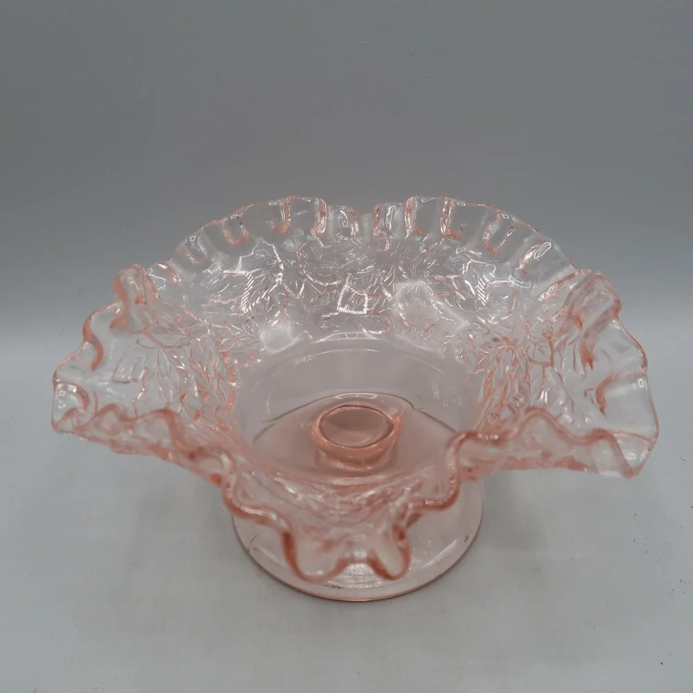 Pink Glass Pedestal Bowl Compote Ruffled 4